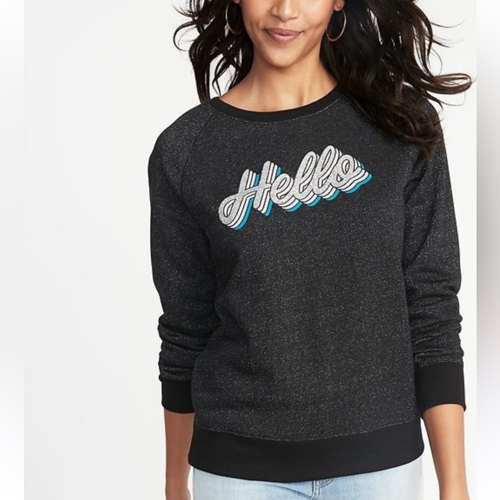 Old Navy Size L HELLO Black Sparkly‎ Sweater with 'Hello' Embroidery